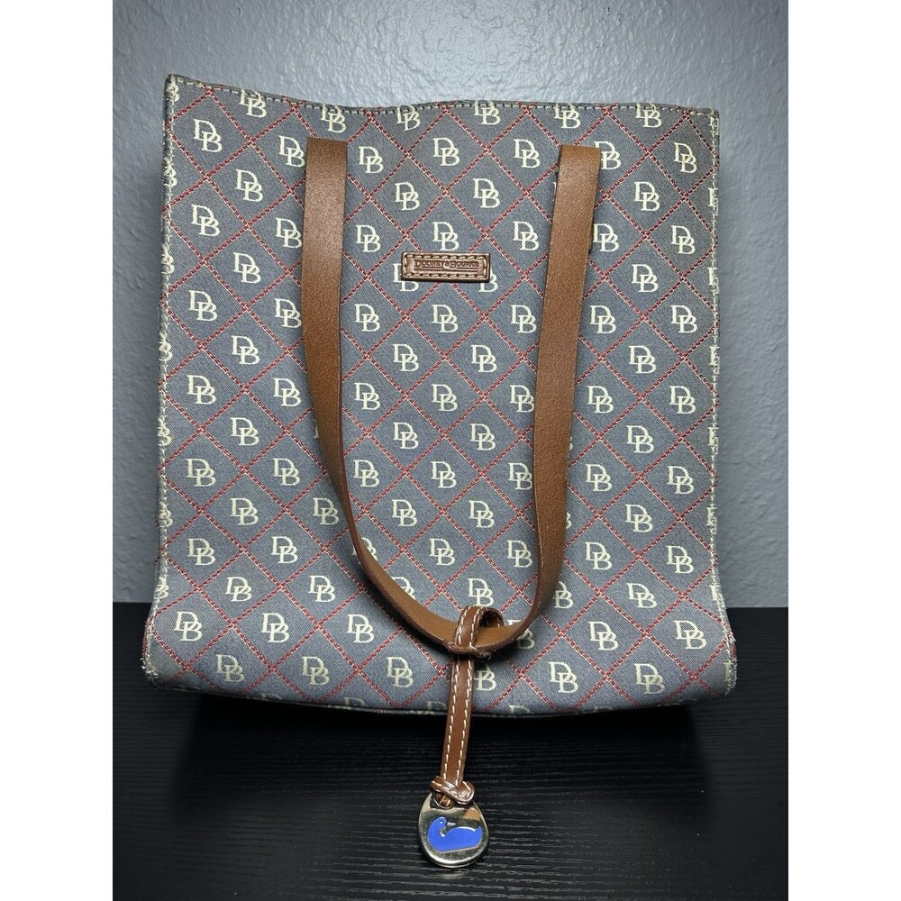 Vintage Dooney & Bourke Blue Monogram Canvas With Clip Lock & Brown Leather Trim